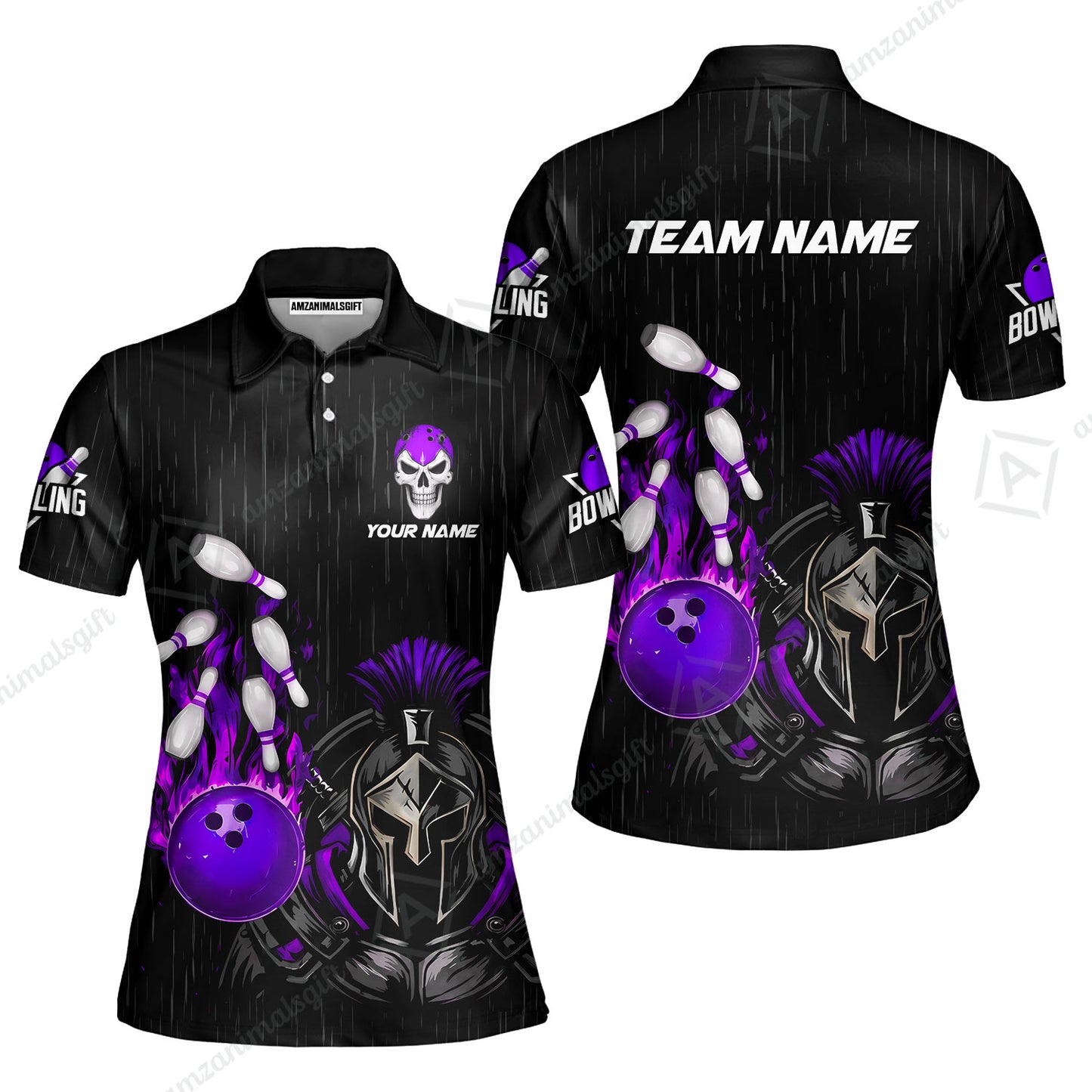Custom Bowling Jersey Polo Shirt, Fire Bowling Knight Rain Skull Logo, Personalize Name & Team Name