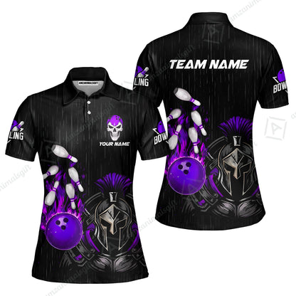 Custom Bowling Jersey Polo Shirt, Fire Bowling Knight Rain Skull Logo, Personalize Name & Team Name