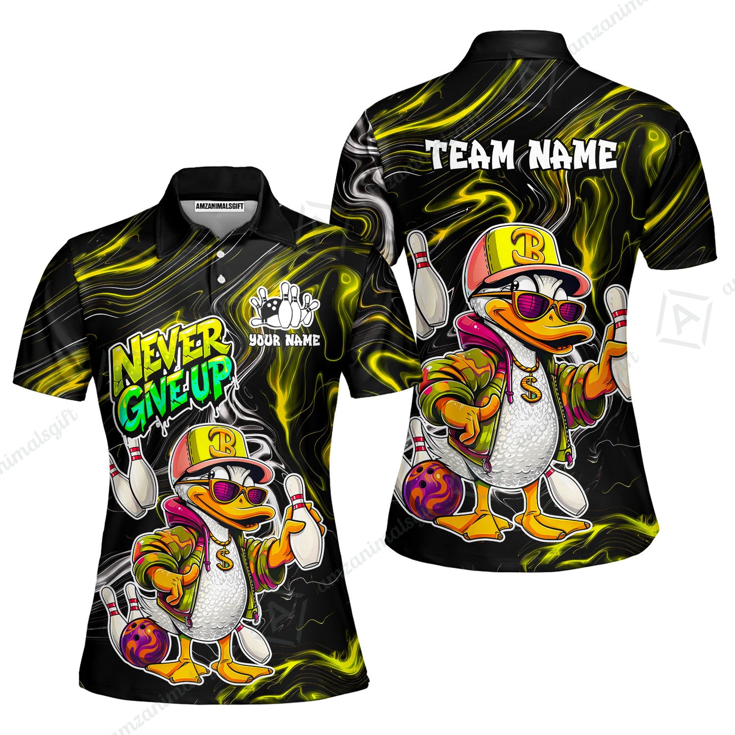 Custom Bowling Jersey Polo Shirt, Duck Never Give Up, Custom Bowling Jersey Team Shirt For Players With Name & Team Name