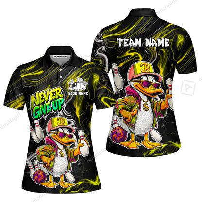 Custom Bowling Jersey Polo Shirt, Duck Never Give Up, Custom Bowling Jersey Team Shirt For Players With Name & Team Name