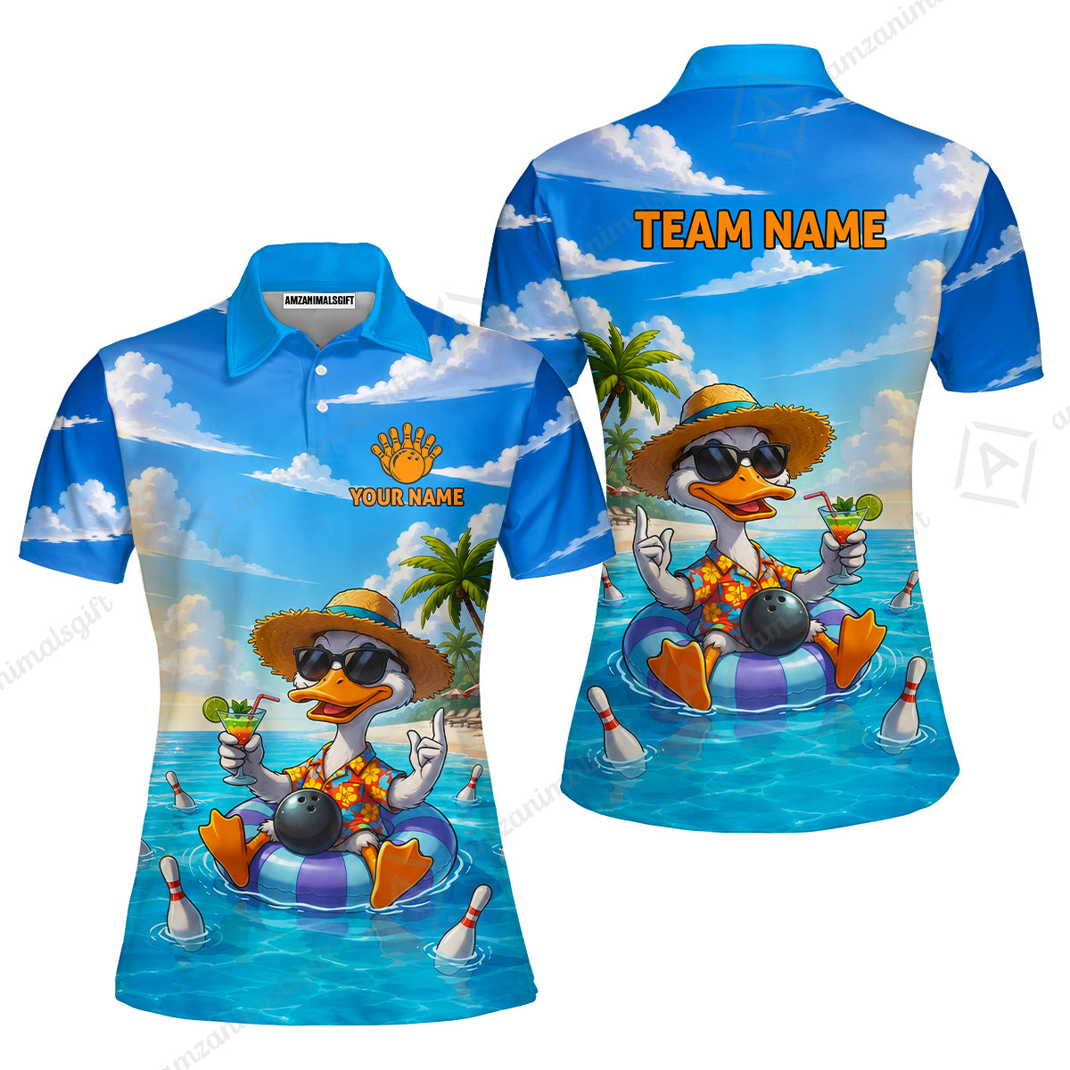 Custom Bowling Jersey Polo Shirt, Tropical Beach Duck Vacation Bowling, Custom Bowling Jersey Team Shirt For Players With Name and Team Name