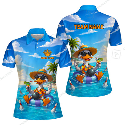 Custom Bowling Jersey Polo Shirt, Tropical Beach Duck Vacation Bowling, Custom Bowling Jersey Team Shirt For Players With Name and Team Name