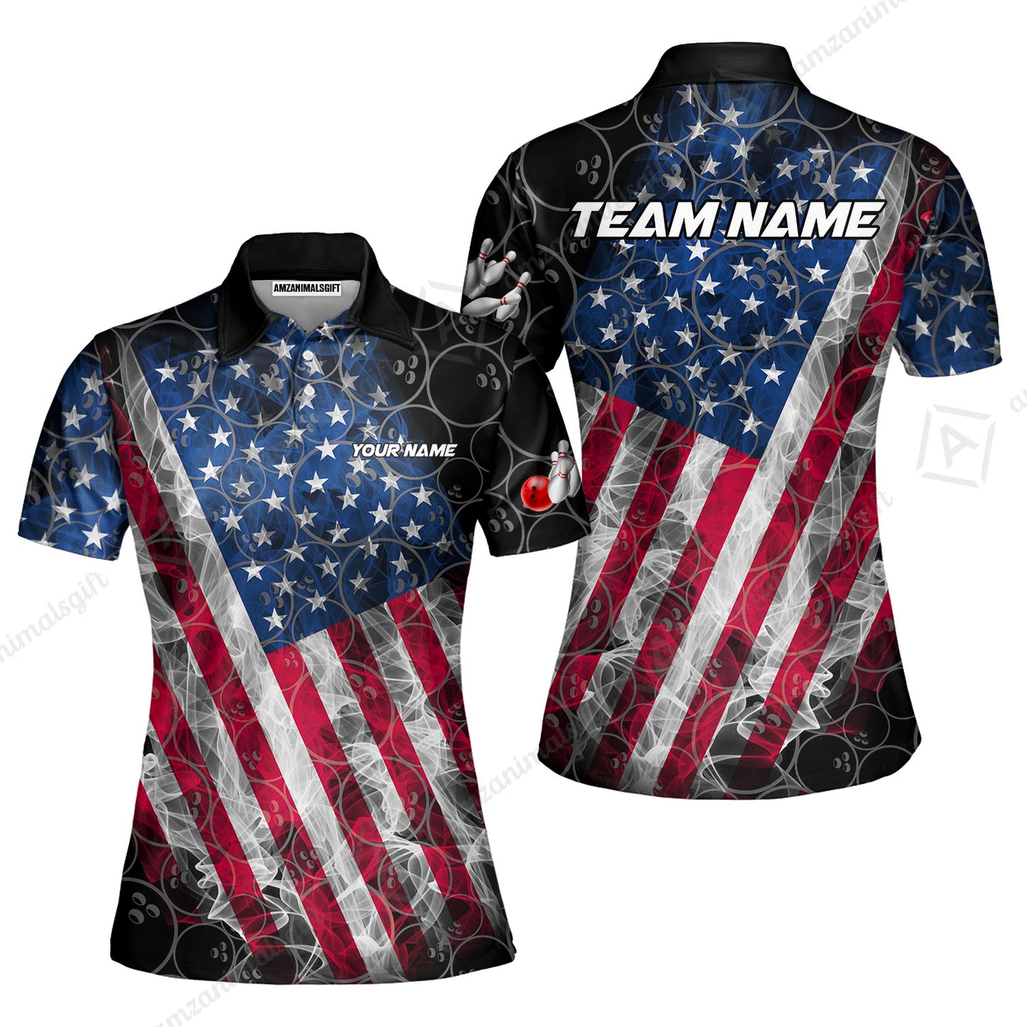 Custom Bowling Jersey Polo Shirt, Patriotic Smokey American Flag, Custom Bowling Jersey Team Shirt For Players With Name & Team Name