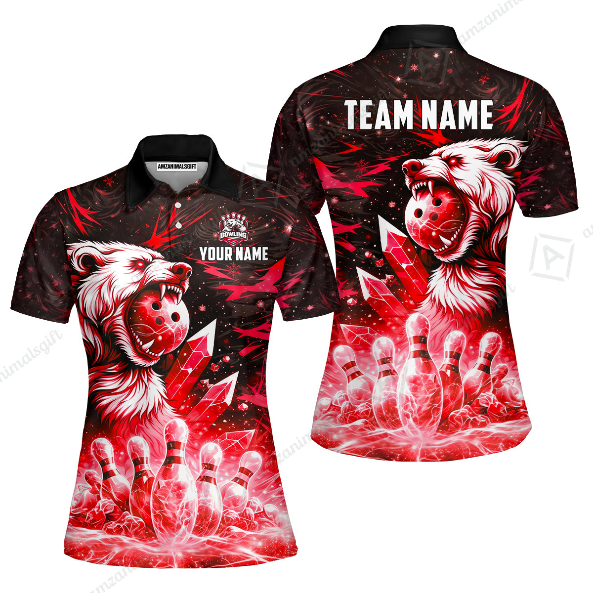 Custom Bowling Jersey Polo Shirt, Arctic Bear & Crystal Galaxy, Custom Bowling Jersey Team Shirt For Players With Name & Team Name