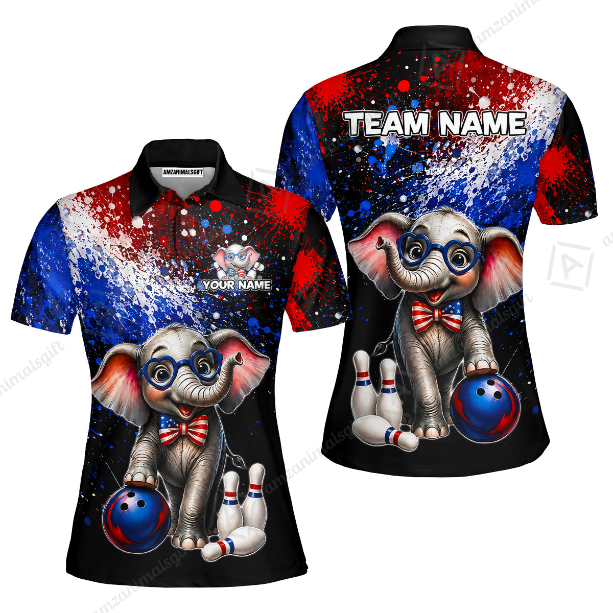 Custom Bowling Jersey Polo Shirt, Patriotic Elephant Bowling, Personalize Name and Team Name
