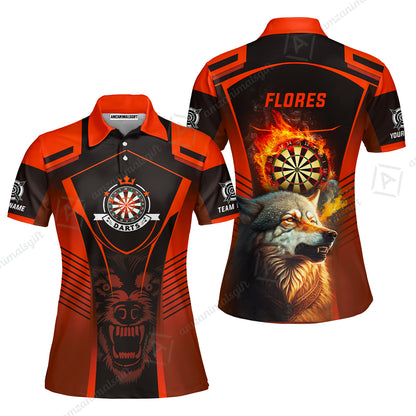 Custom Name Darts Men Polo Shirt, Orange Wolf Dartboard Personalized Polo Shirts, Gift For Men, Darts Lovers, Darts Players