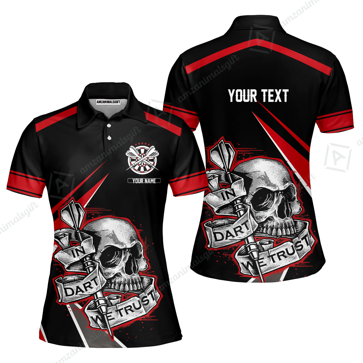 Customized Name & Text Darts Men Polo Shirt, Skull In Darts We Trust Personalized Darts Zip Polo Shirt