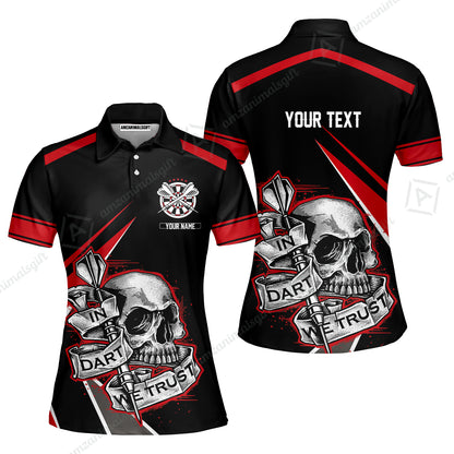 Customized Name & Text Darts Men Polo Shirt, Skull In Darts We Trust Personalized Darts Zip Polo Shirt