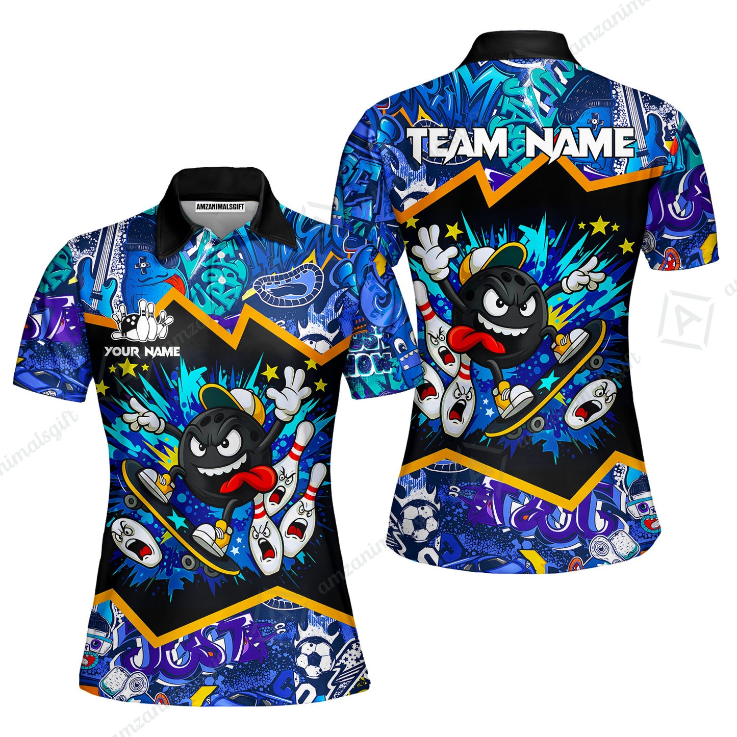Customized Bowling Unisex Polo Shirt, Skater Bowling Ball Attack, Bowling Uniform, Personalized Name And Team Name