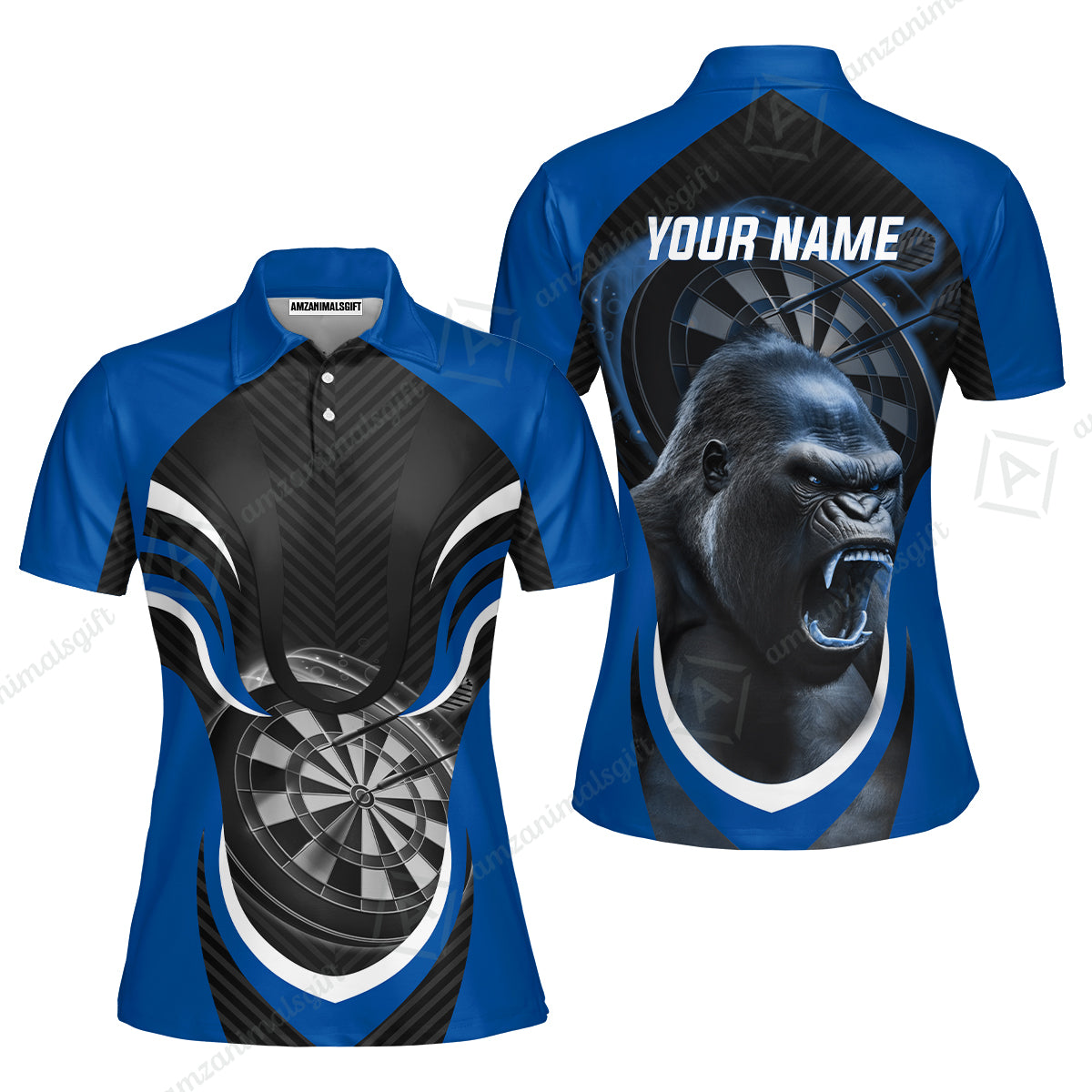 Gorilla And Darts Custom Name Men Polo Shirt, Bullseye Dartboard Brown Personalized Men Polo Shirt Gift For Darts Lovers, Team, Friends
