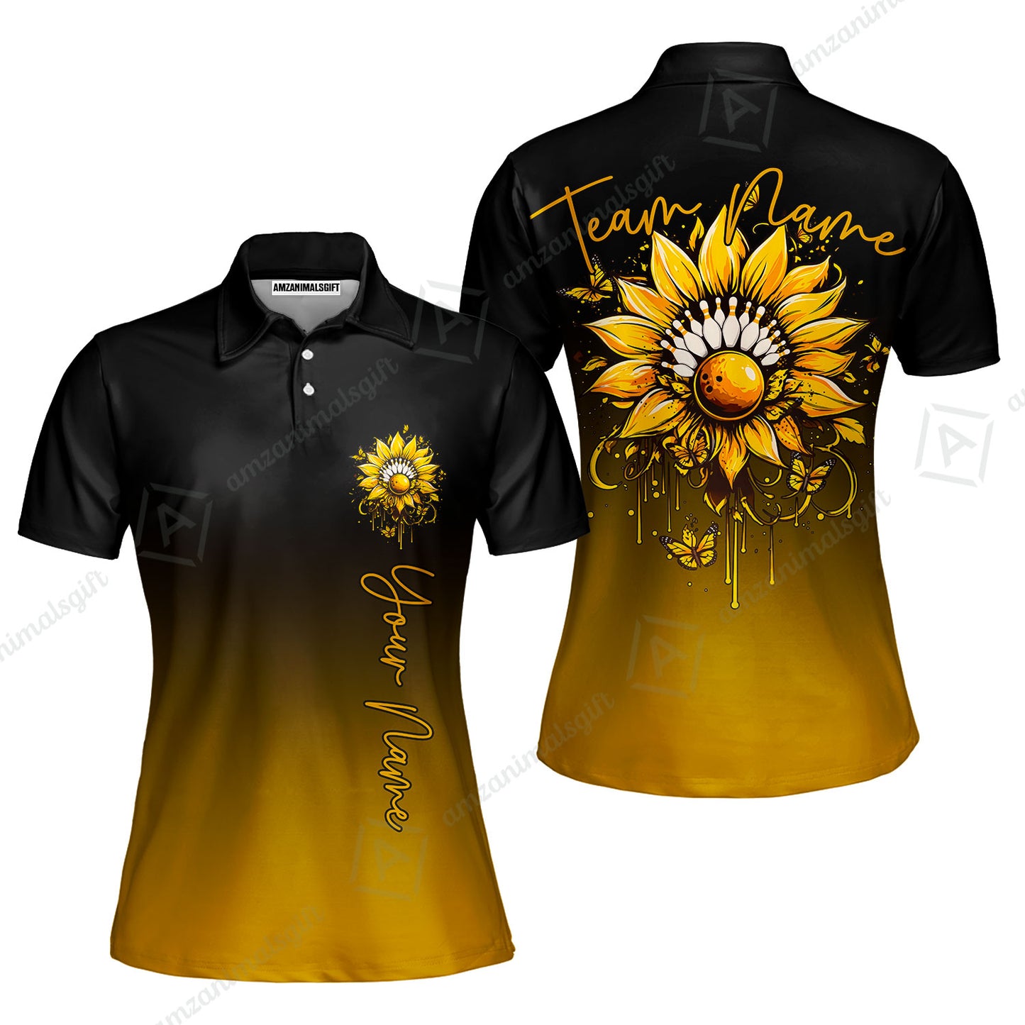 Custom Bowling Jersey Polo Shirt, Sunflower Bowling Pin Gradient Background, Custom Bowling Jersey Team Shirt For Players With Name and Team Name