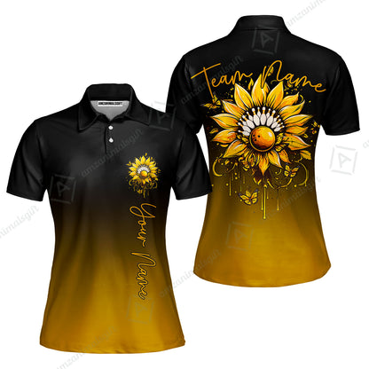 Custom Bowling Jersey Polo Shirt, Sunflower Bowling Pin Gradient Background, Custom Bowling Jersey Team Shirt For Players With Name and Team Name
