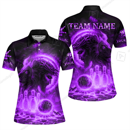 Custom Bowling Team Short Sleeve Men Polo Shirt, Flame The Lion OF Judah With Bowling, Custom Name and Team Name for Bowlers