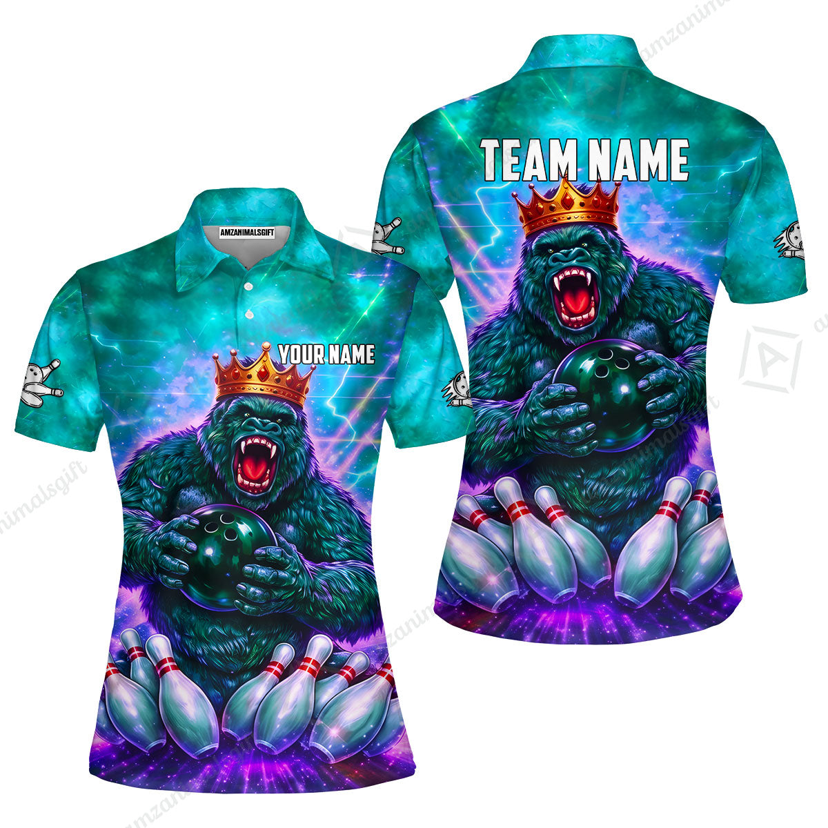 Custom Bowling Jersey Polo Shirt, King Gorilla Holding Bowling Ball, Custom Bowling Jersey Team Shirt For Players With Name & Team Name
