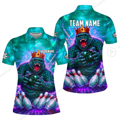 Custom Bowling Jersey Polo Shirt, King Gorilla Holding Bowling Ball, Custom Bowling Jersey Team Shirt For Players With Name & Team Name