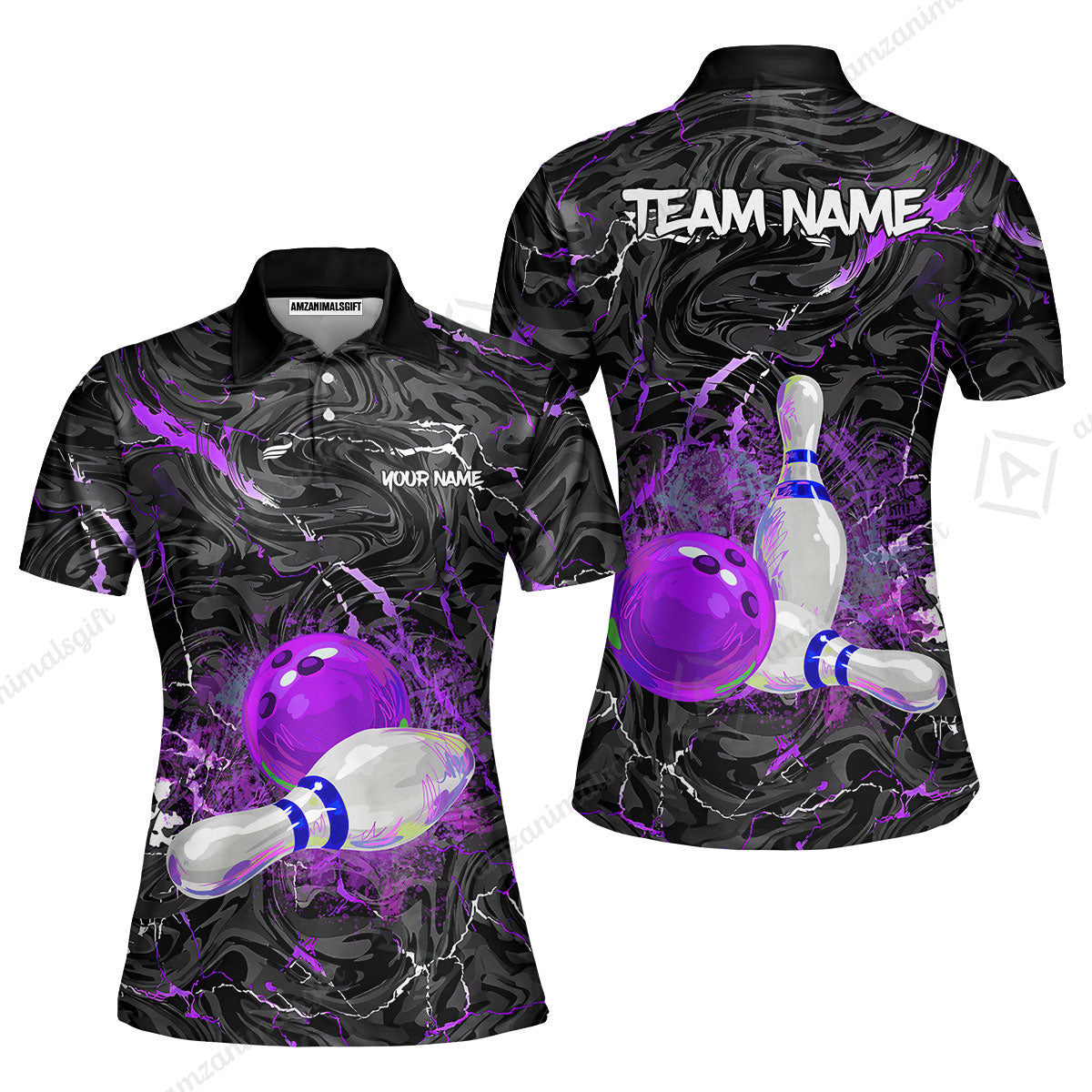 Customized Bowling Unisex Polo Shirt, Swirling Marbled Pattern Vibrant Veins, Bowling Uniforms, Personalized Name And Team Name