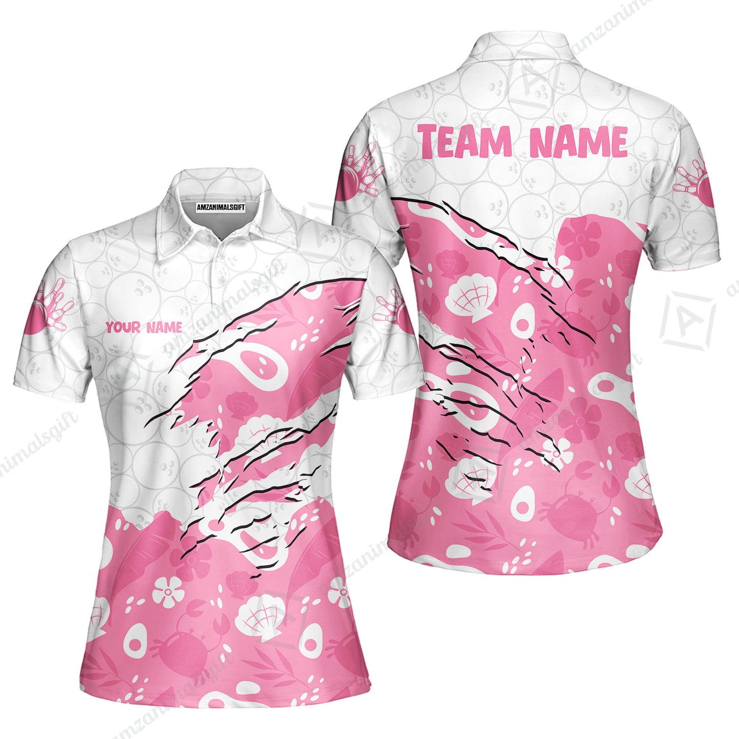 Custom Bowling Jersey Polo Shirt, Pattern Crab Half Crenate Ark Flower Glass, Personalize Name and Team Name