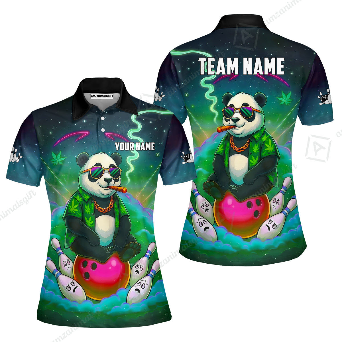 Custom Bowling Jersey Polo Shirt, Chill Panda & Cosmic Vibe, Custom Bowling Jersey Team Shirt For Players With Name & Team Name