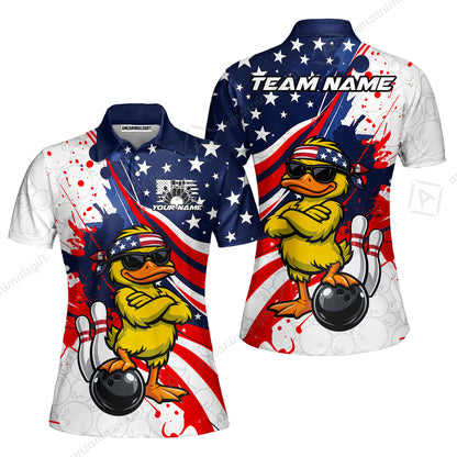 Custom Bowling Jersey Polo Shirt, Patriotic Cool Duckling Mascot, Custom Bowling Jersey Team Shirt For Players With Name and Team Name