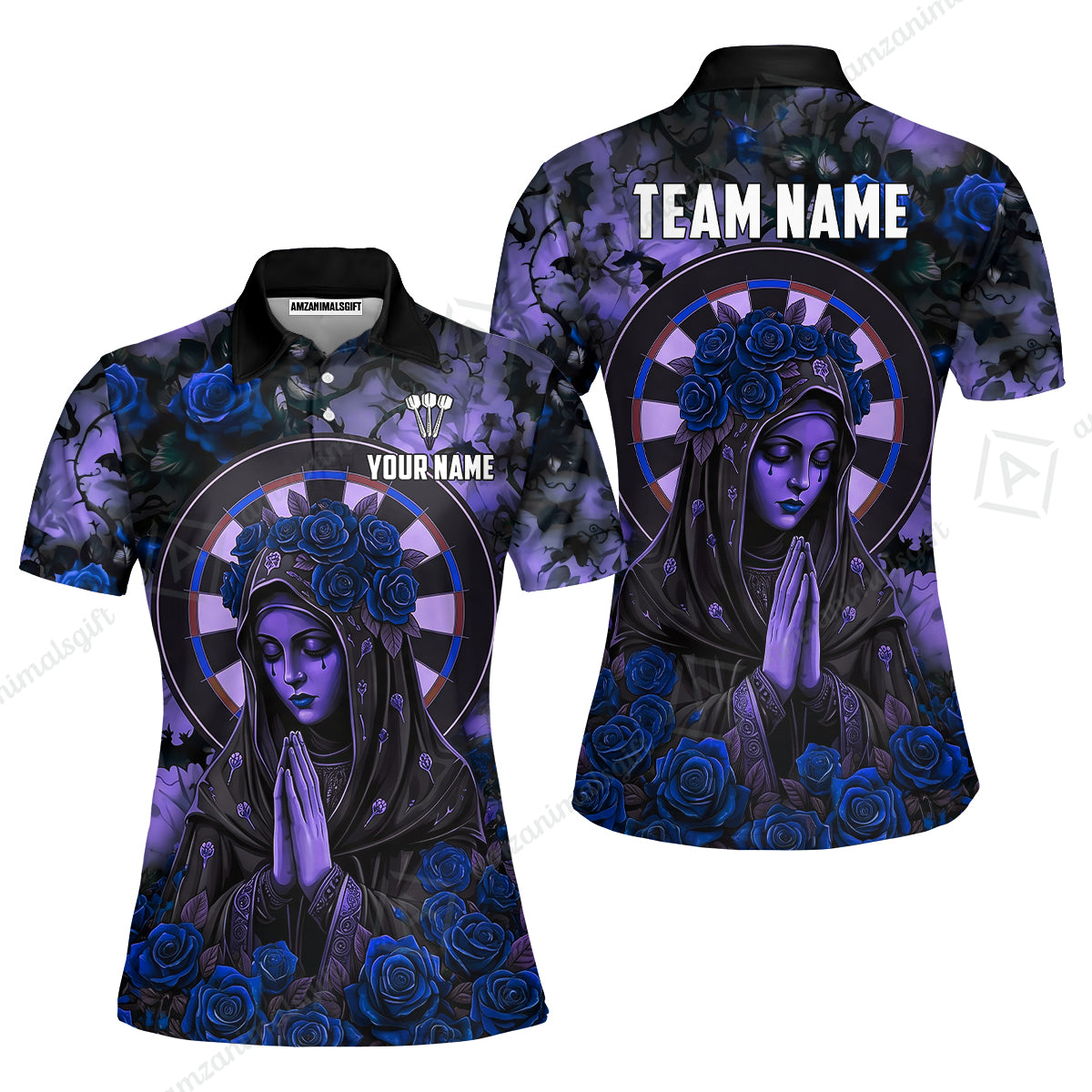 Custom Darts Jersey Polo Shirt, Gothic Madonna And Blue Rose, Custom Dart Jersey Team Shirt For Players With Name & Team Name