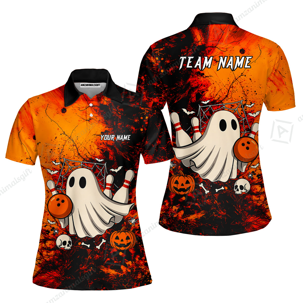 Customized Bowling Shirt, Halloween Ghost Boo Bowler, Personalized Polo Shirt For Players With Name & Team Name
