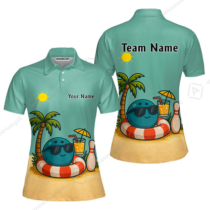 Custom Bowling Polo Shirt, Cute Cartoon Bowling Beach Custom Bowling Polo Team Shirt For Players With Name & Team Name