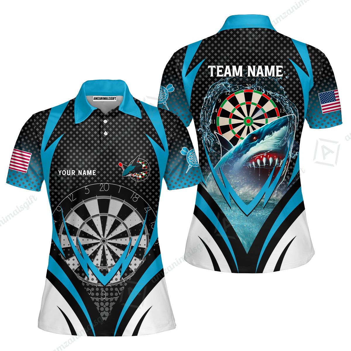 Custom Blue Dartboard Darts Team Jersey Polo Quarter-Zip Shirts, Customized Name Team Name Darts Team Jerseys Uniform