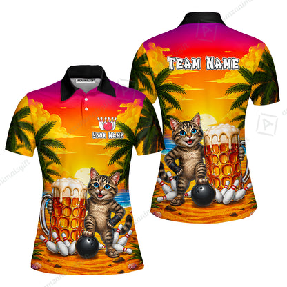 Custom Bowling Jersey Polo Shirt, Beer & Bowling Cat, Custom Bowling Jersey Team Shirt For Players With Name and Team Name