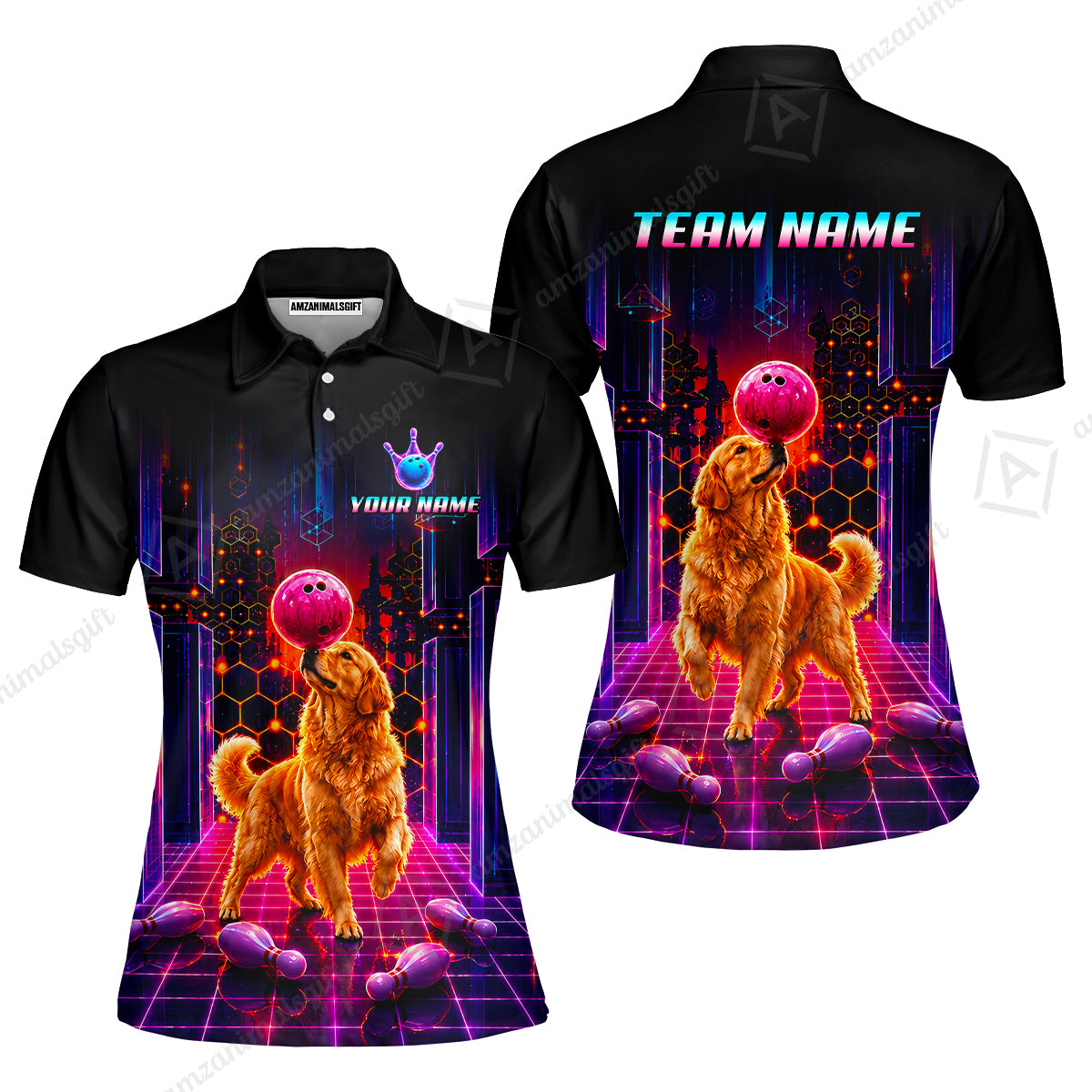 Custom Bowling Jersey Polo Shirt, Cyber Bowling Dog, Custom Bowling Jersey Team Shirt For Players With Name & Team Name