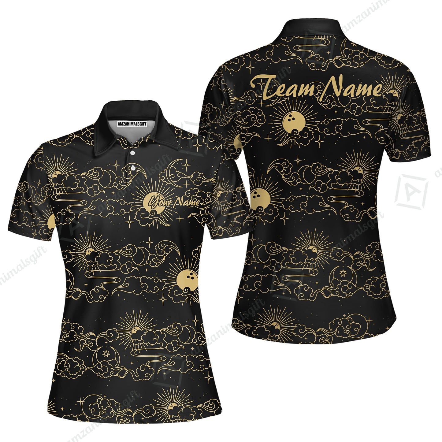 Custom Bowling Jersey Polo Shirt, Black Gold Celestial Bowling, Custom Bowling Jersey Team Shirt For Players With Name & Team Name