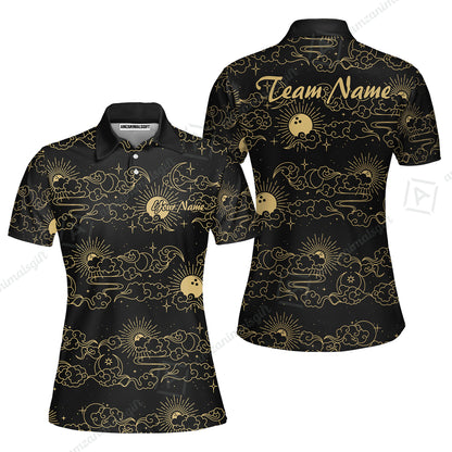 Custom Bowling Jersey Polo Shirt, Black Gold Celestial Bowling, Custom Bowling Jersey Team Shirt For Players With Name & Team Name
