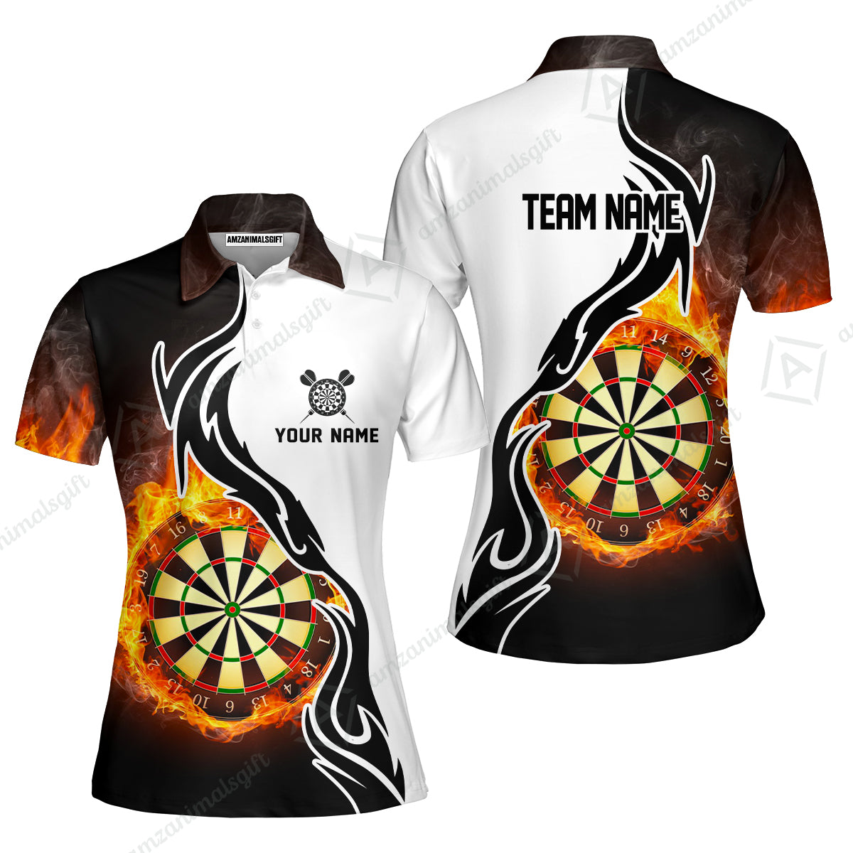 Custom  Fire Pattern Darts Team Jersey Unisex Polo Shirts, Custom flame Pattern Darts Team Jerseys Uniform