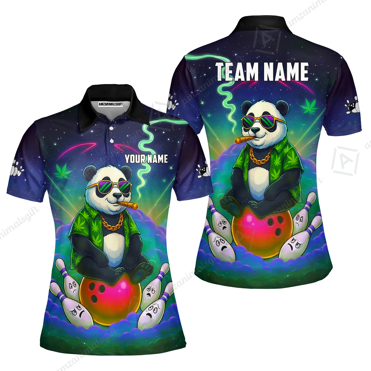 Custom Bowling Jersey Polo Shirt, Chill Panda & Cosmic Vibe, Custom Bowling Jersey Team Shirt For Players With Name & Team Name