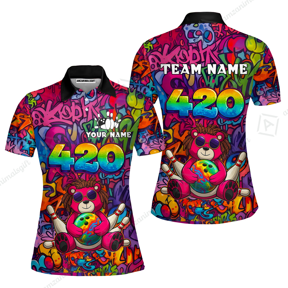 Custom Bowling Jersey Polo Shirt, 420 Graffiti Stoner Bear Colorful Street Art, Custom Bowling Jersey Team Shirt For Players With Name & Team Name
