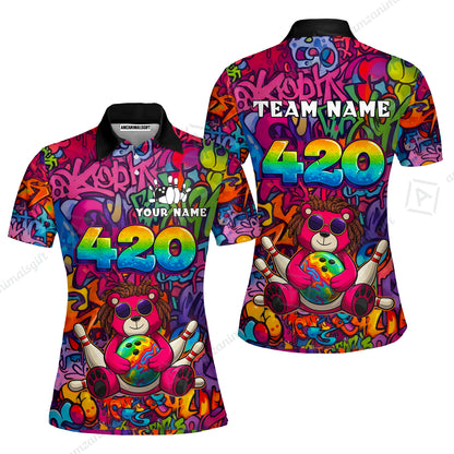 Custom Bowling Jersey Polo Shirt, 420 Graffiti Stoner Bear Colorful Street Art, Custom Bowling Jersey Team Shirt For Players With Name & Team Name