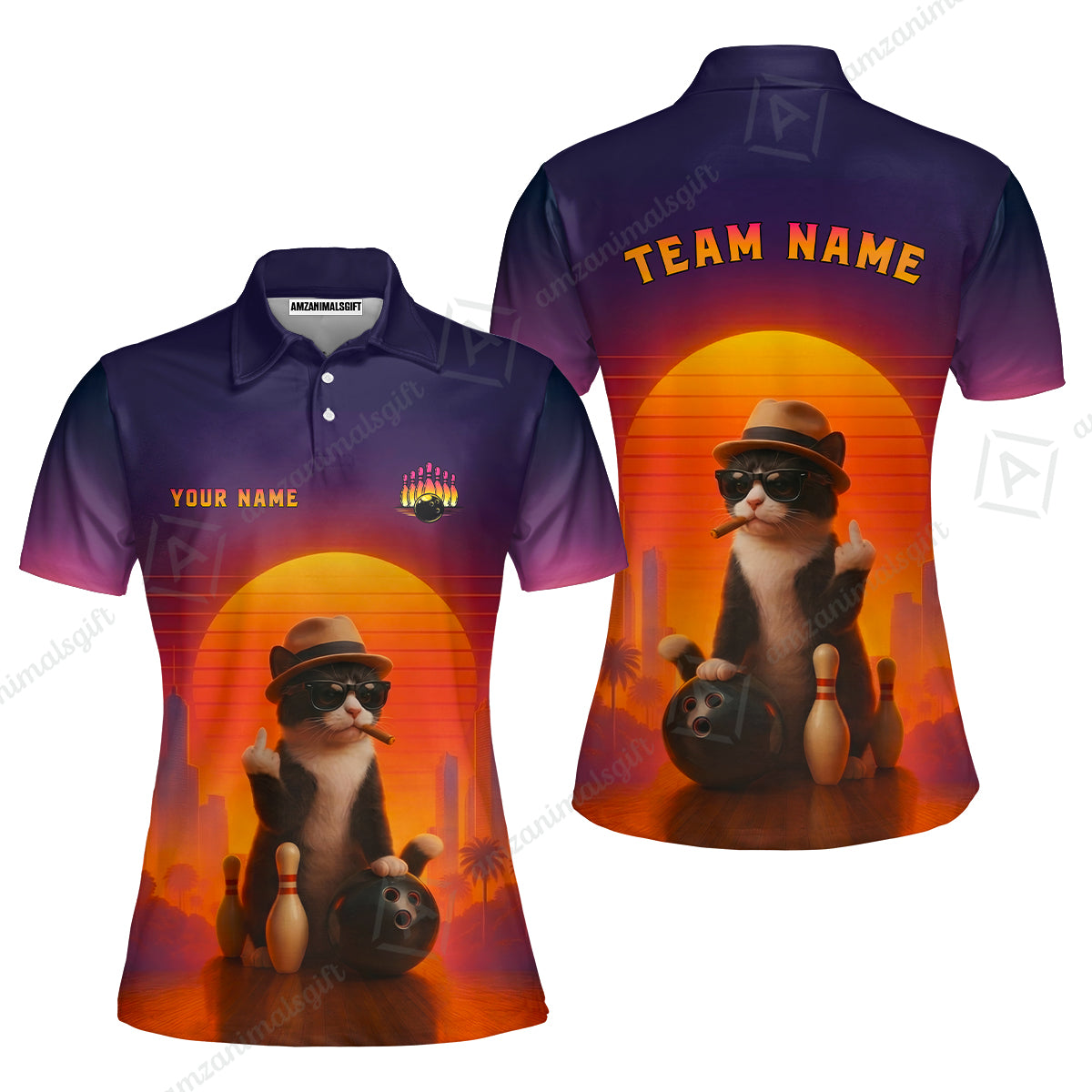 Custom Gangster Cat Bowling Jersey Polo Shirt, Custom Gangster Cat Bowling Jersey Team Shirt For Players With Name & Team Name