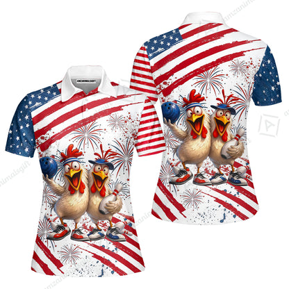 Custom Bowling Jersey Polo Shirt, Funny Patriotic USA Chicken Fireworks, Custom Bowling Jersey Team Shirt For Players With Name & Team Name