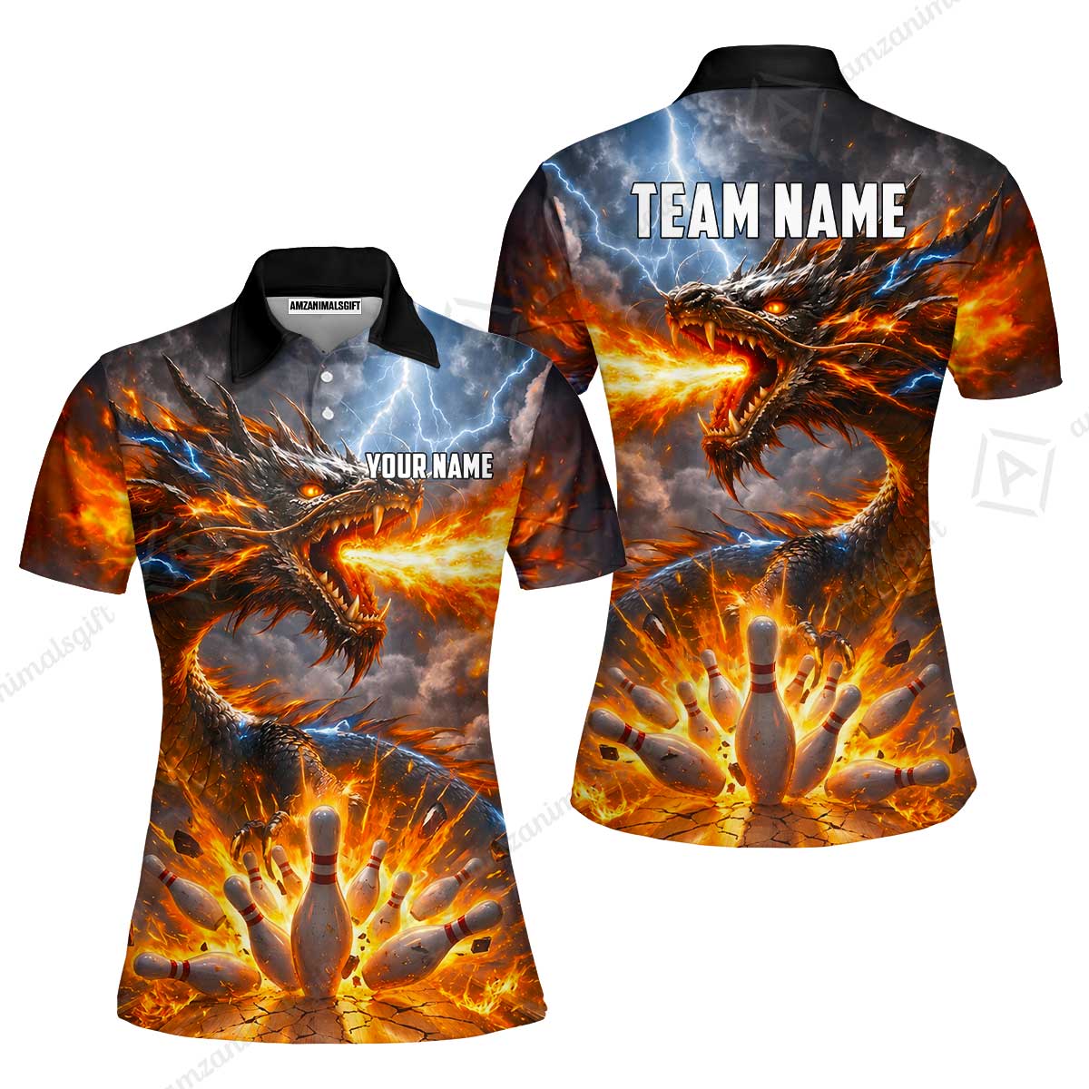 Customized Blazing Fire Dragon & Thunder Strike Bowling Jersey, Custom Name And Team Name For Bowlers