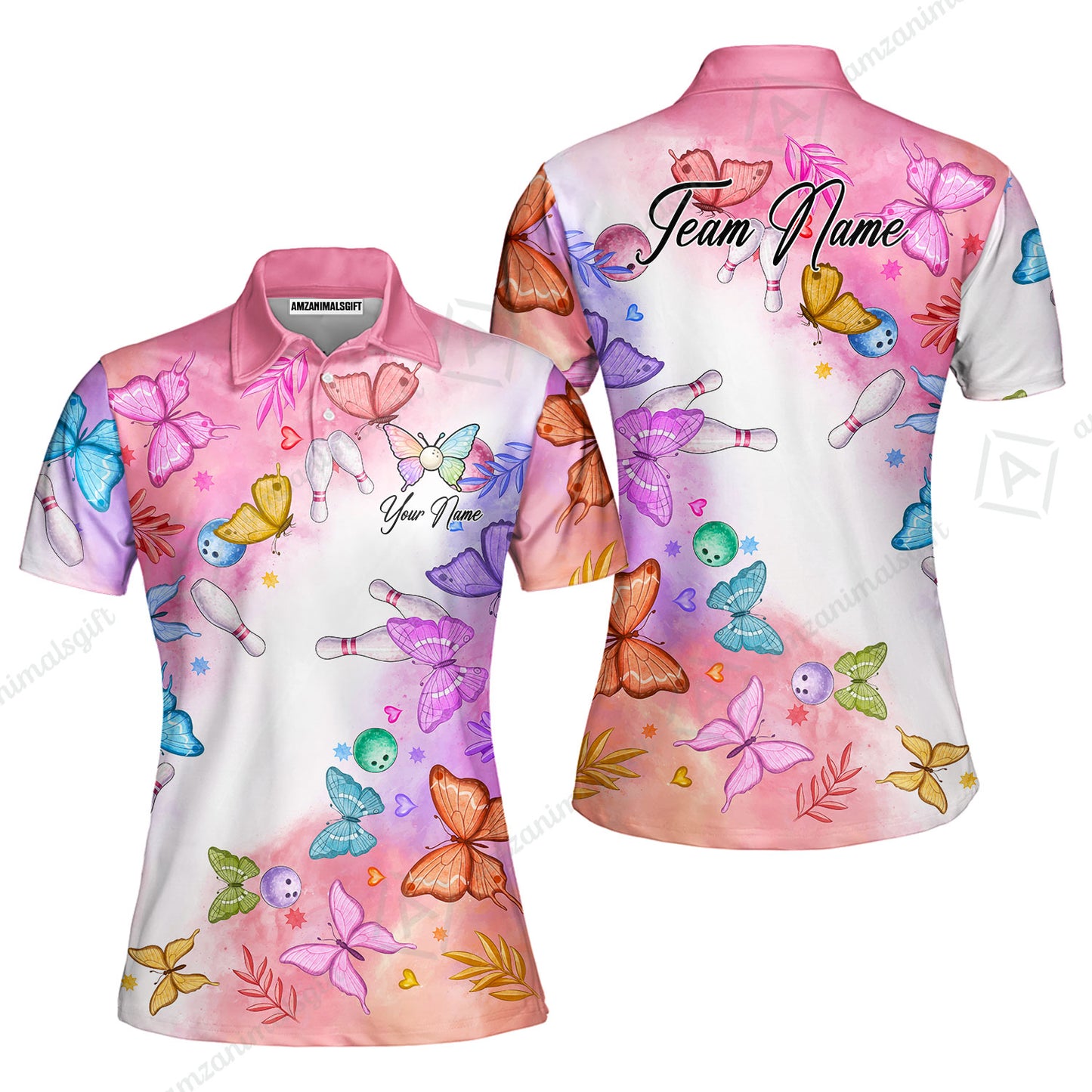 Custom Bowling Jersey Polo Shirt, Whimsical Butterfly Watercolor, Custom Bowling Jersey Team Shirt For Players With Name and Team Name