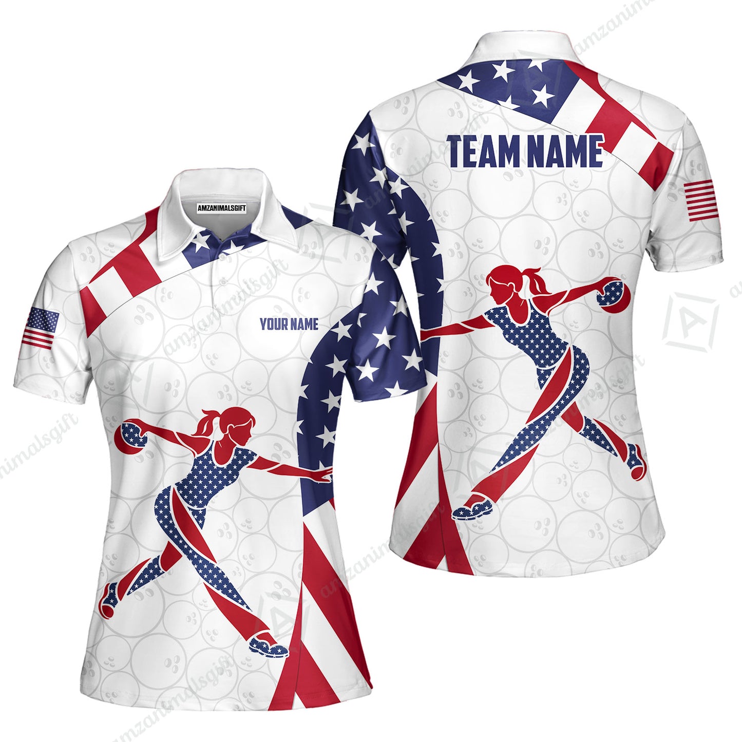 Custom Bowling Jersey Polo Shirt, Patriotic Bowler Silhouette Stars and Stripes, Custom Bowling Jersey Team Shirt For Players With Name and Team Name
