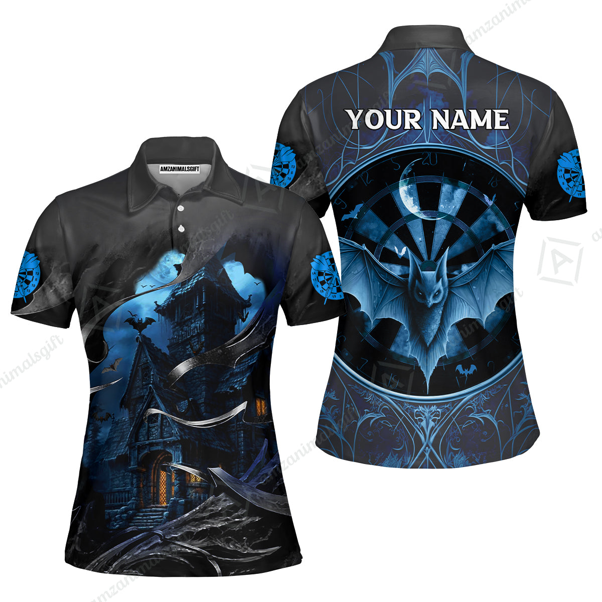 Darts Women Polo Shirt Customized Name, Castle & Bats With Dartboard Women Polo Shirt- Gift For Darts Players Uniforms, Darts Lovers