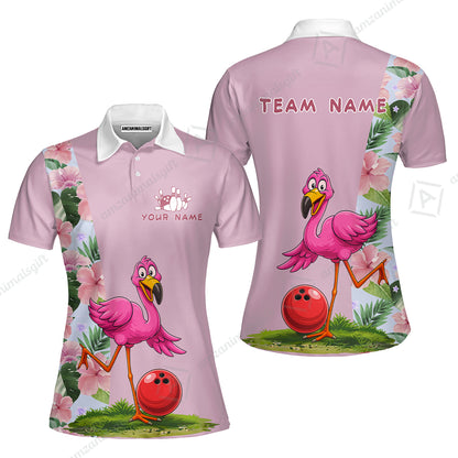 Custom Bowling Jersey Polo Shirt, Tropical Pink Flamingo Floral, Custom Bowling Jersey Team Shirt For Players With Name and Team Name