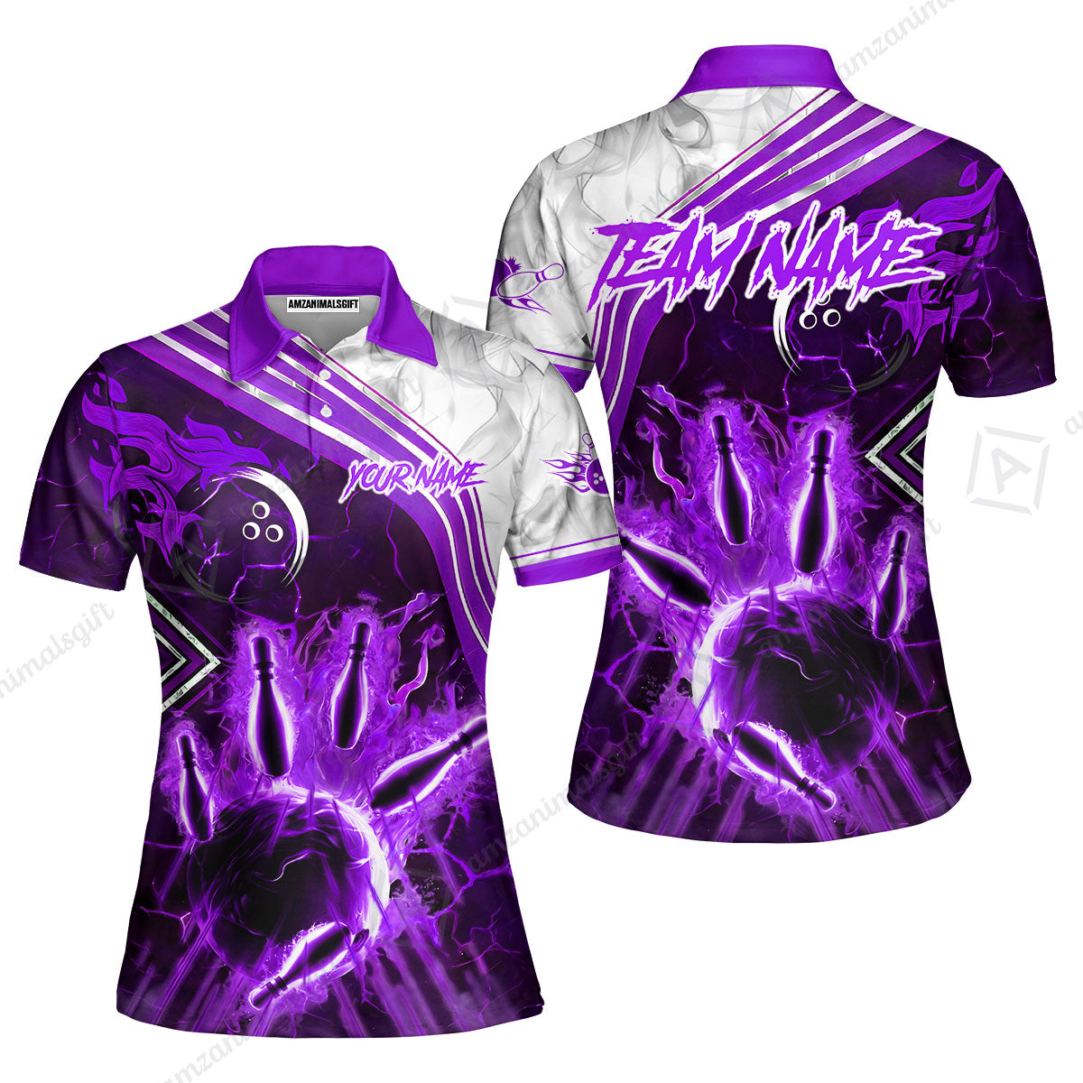Customized Bowling Unisex Polo Shirt, Fire & Smoke Bowling Pins, Bowling Uniform - Personalized Name And Team Name