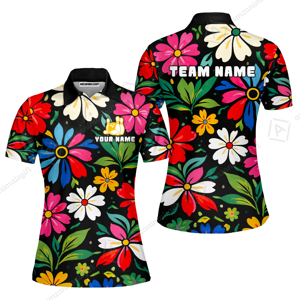 Custom Bowling Jersey Polo Shirt, Vibrant Summer Bloom Floral, Custom Bowling Jersey Team Shirt For Players With Name and Team Name