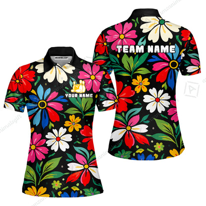 Custom Bowling Jersey Polo Shirt, Vibrant Summer Bloom Floral, Custom Bowling Jersey Team Shirt For Players With Name and Team Name