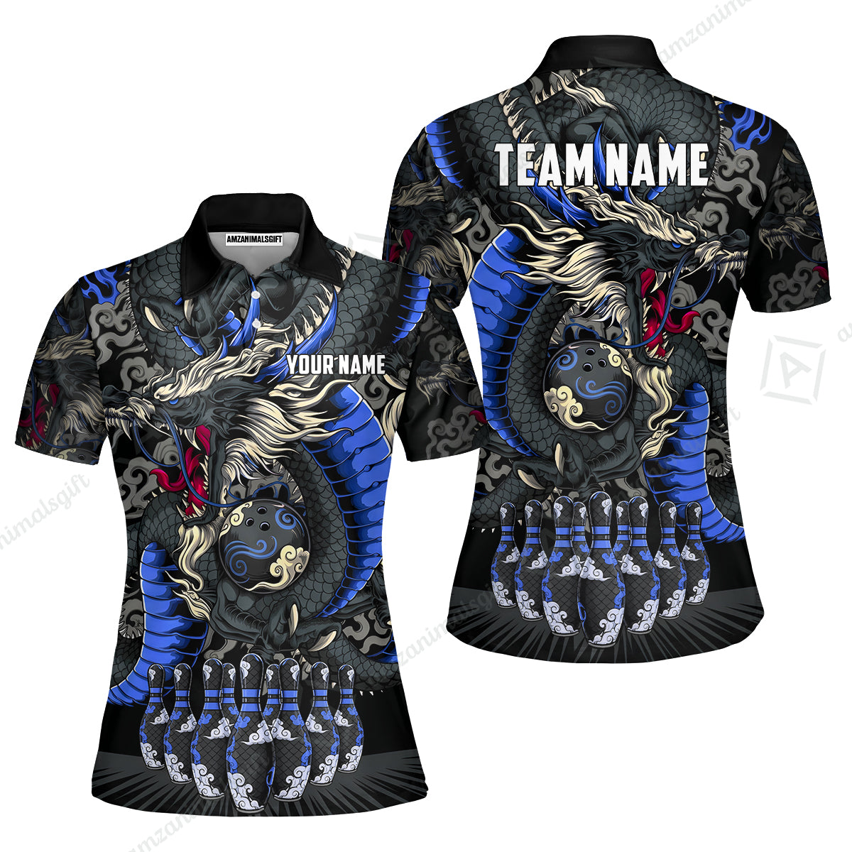 Custom Bowling Jersey Polo Shirt, Oriental Jade Dragon & Classic Clouds, Custom Bowling Jersey Team Shirt For Players With Name & Team Name