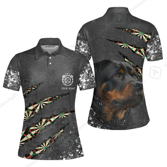 Rottweiler And Darts Custom Name Women Polo Shirt, Darts Paint Splash Personalized Women Polo Shirt- Gift For Darts Lover, Team, Dog Lover