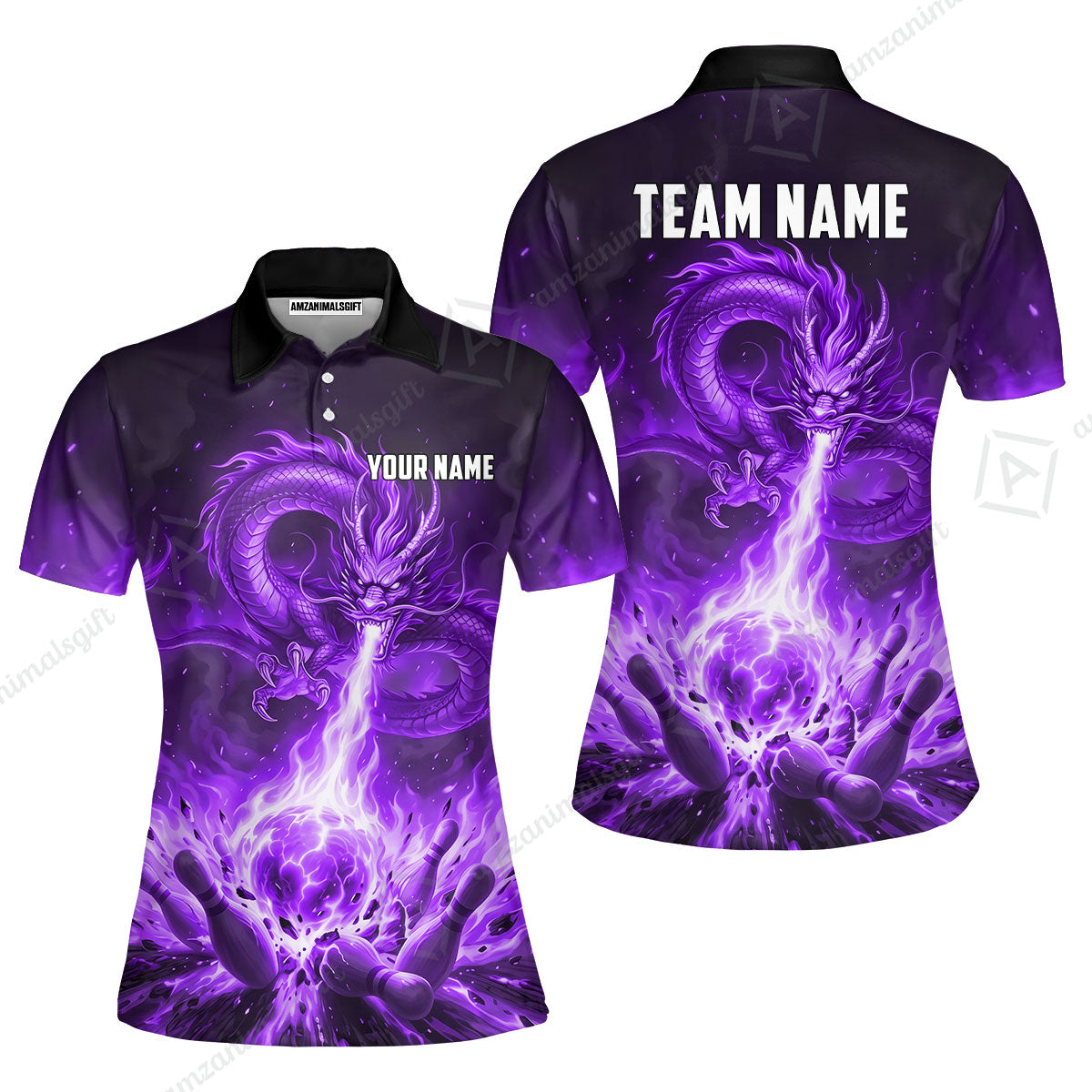 Custom Bowling Jersey Polo Shirt, Asian Dragon's Fire Strike, Custom Bowling Jersey Team Shirt For Players With Name & Team Name