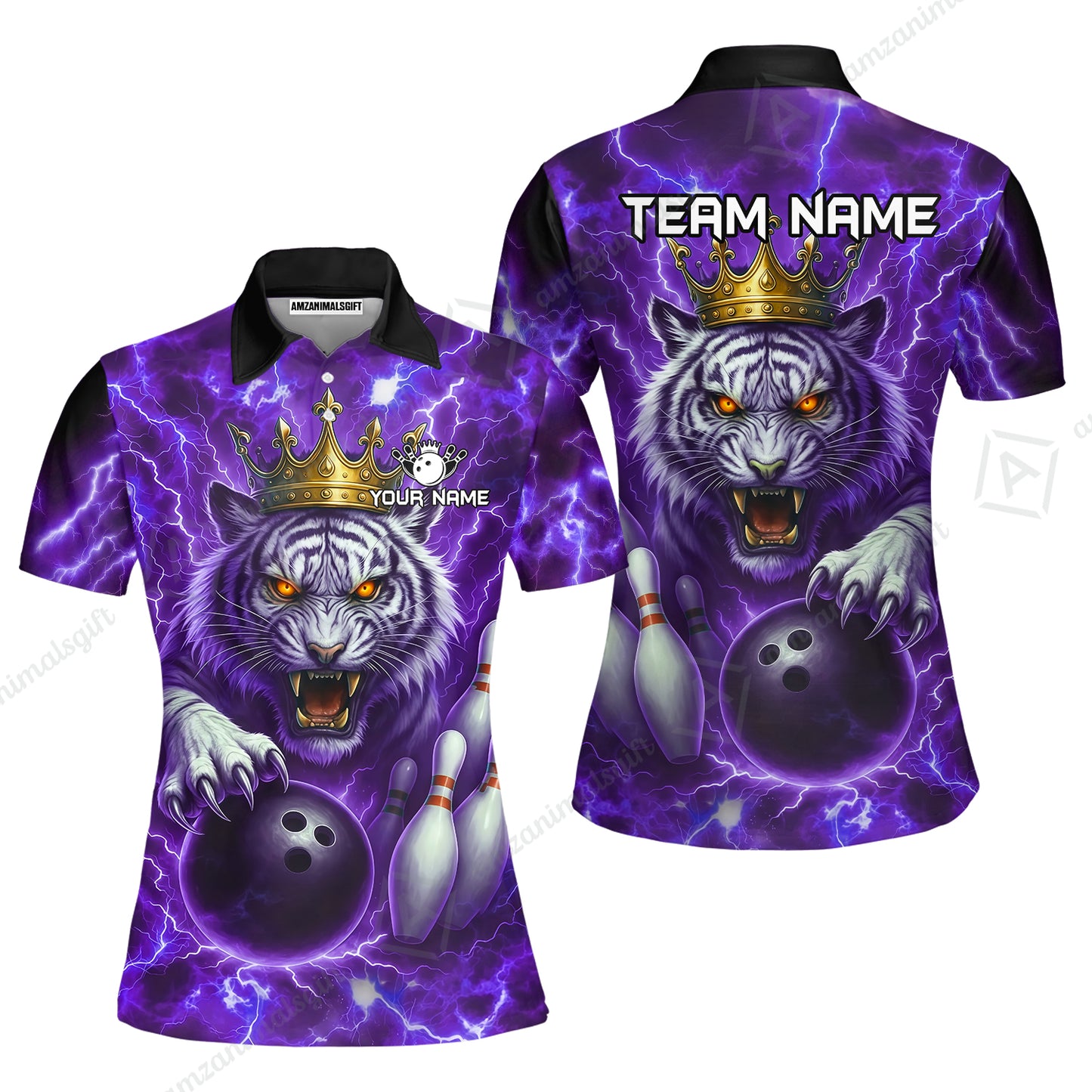 Custom Bowling Team Quarter-Zip Polo Shirt, Bowling White Tiger Lighting Shirt, Personalized Team Shirt with Custom Name