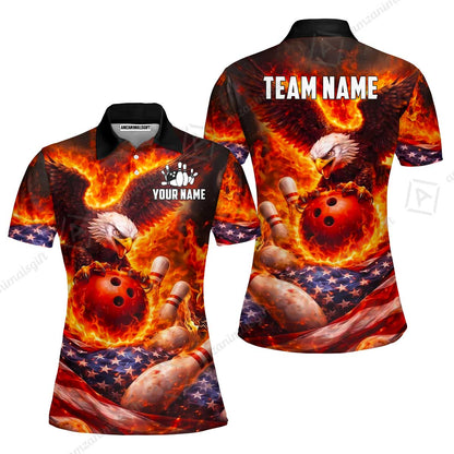Custom Bowling Jersey Polo Shirt, Patriotic Blue Fire Eagle, Custom Bowling Jersey Team Shirt For Players With Name and Team Name